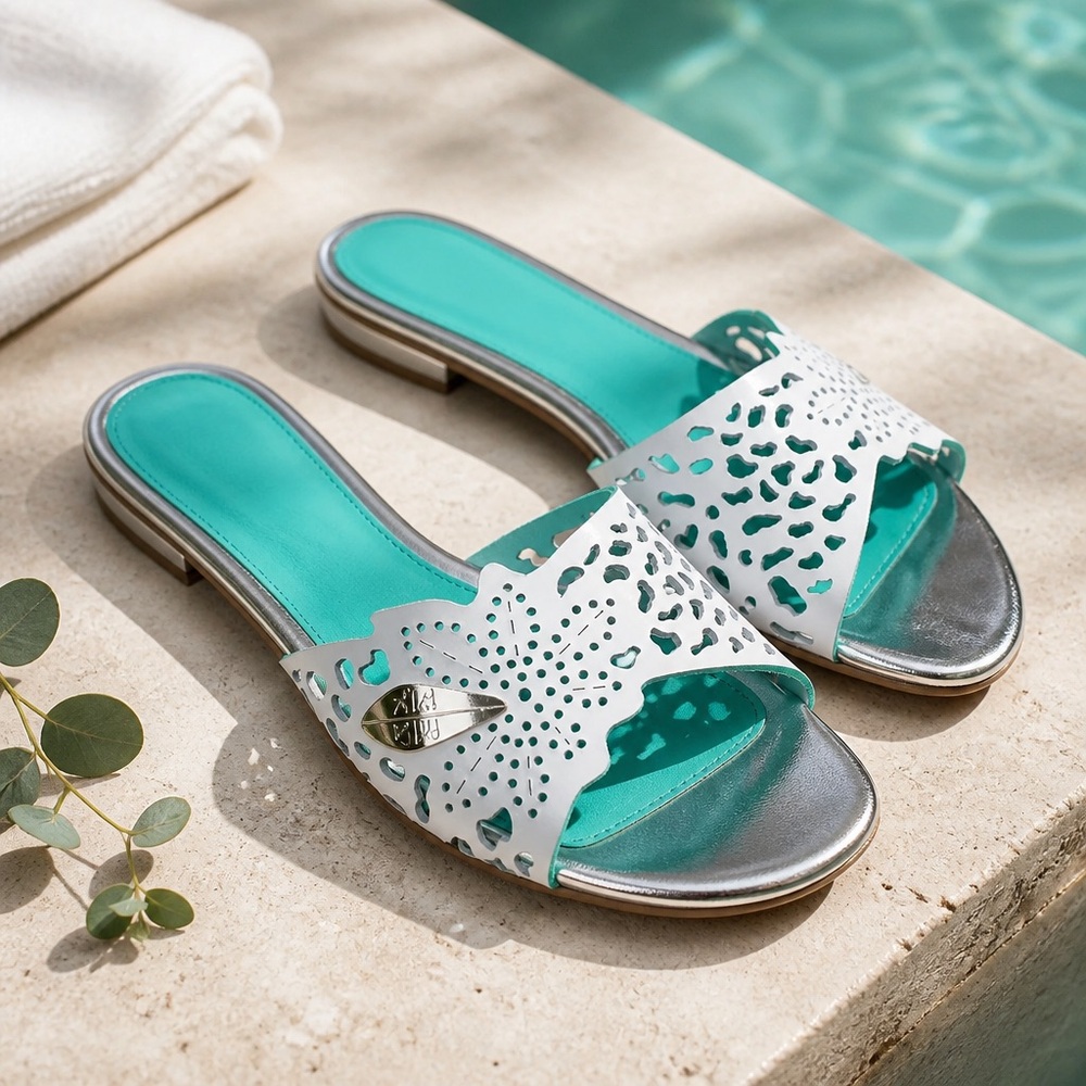 Nila & Nila Women’s White Soft Leather Laser-Cut Slides with Teal Footbed